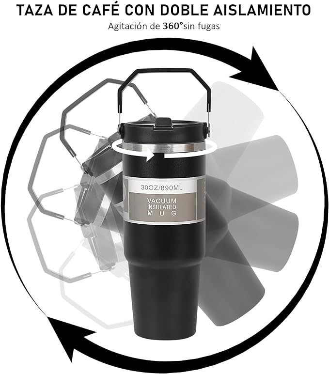 A Vaso Térmico de Acero Inoxidable de 900ml,Termo para Café de Mano de Doble Capa,Taza Termica Frío y Caliente con Tapa de Paja, Adecuado para Deportes al Aire Libre y Uso Diario(Negro).