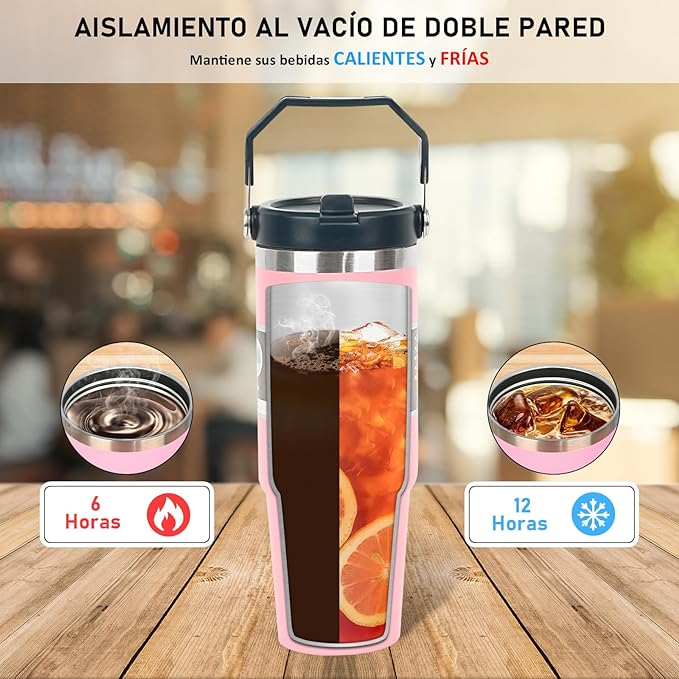 A Vaso Térmico de Acero Inoxidable de 900ml,Termo para Café de Mano de Doble Capa,Taza Termica Frío y Caliente con Tapa de Paja, Adecuado para Deportes Aire Libre y Uso Diario (Rosa).
