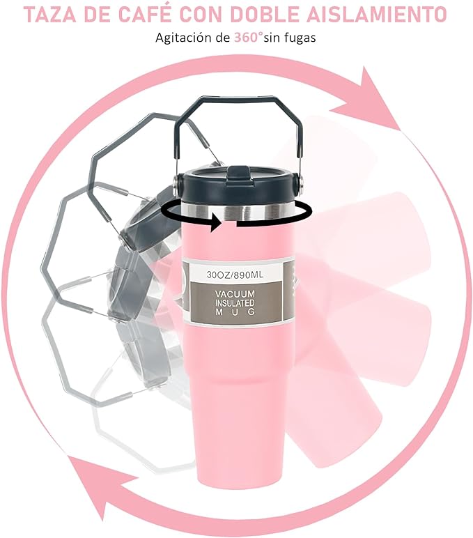 A Vaso Térmico de Acero Inoxidable de 900ml,Termo para Café de Mano de Doble Capa,Taza Termica Frío y Caliente con Tapa de Paja, Adecuado para Deportes Aire Libre y Uso Diario (Rosa).