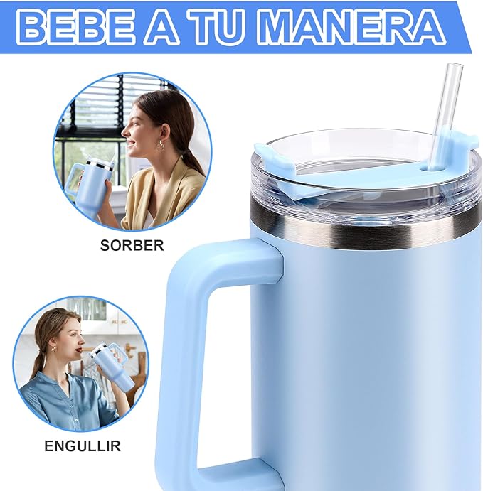 A 40OZ Vaso Térmico de Acero Inoxidable, Taza Aislada al Aspiradora con Tapa y Pajita, Termo de Viaje para Bebidas Frías y Calientes, Prueba de Sudor,Apto para Lavaplatos,sin BPA (Cielo Azul)