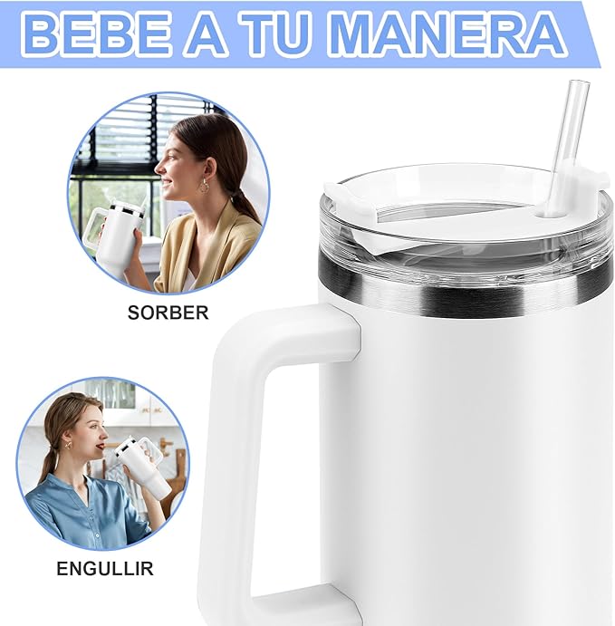A 40OZ Vaso Térmico Termo de Acero Inoxidable, Taza Aislada al Aspiradora con Tapa y Pajita, Termo de Viaje para Bebidas Frías y Calientes, Prueba de Sudor,Apto para Lavaplatos,sin BPA (Blanco)