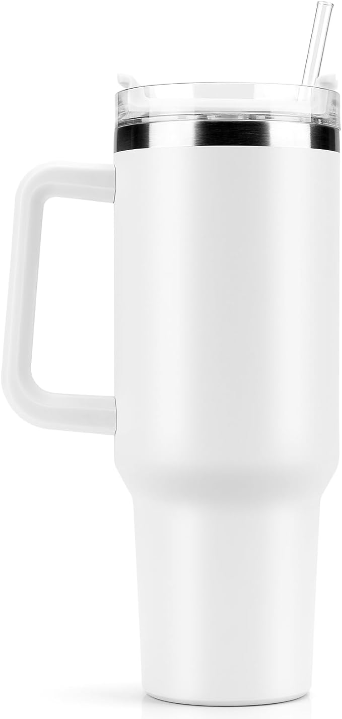 A 40OZ Vaso Térmico Termo de Acero Inoxidable, Taza Aislada al Aspiradora con Tapa y Pajita, Termo de Viaje para Bebidas Frías y Calientes, Prueba de Sudor,Apto para Lavaplatos,sin BPA (Blanco)