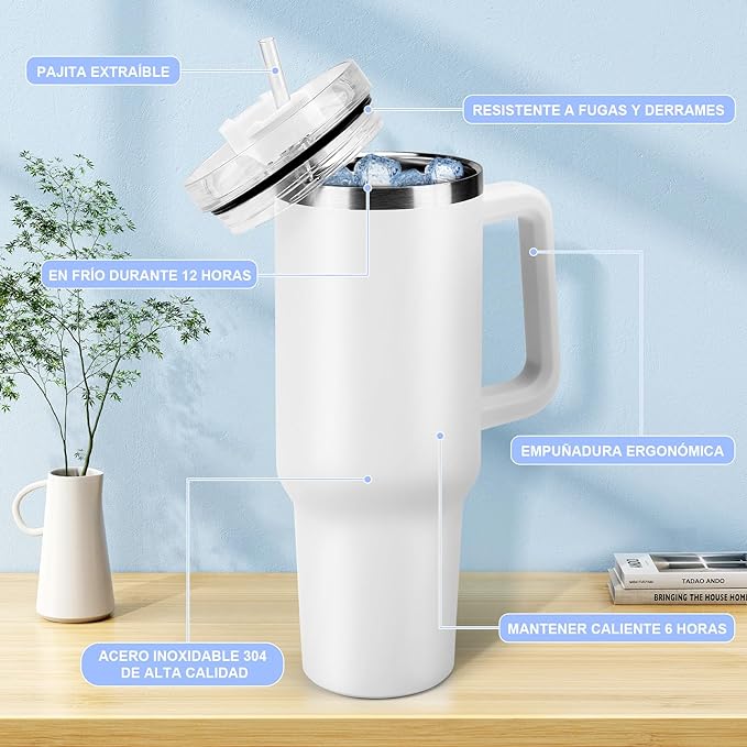 A 40OZ Vaso Térmico Termo de Acero Inoxidable, Taza Aislada al Aspiradora con Tapa y Pajita, Termo de Viaje para Bebidas Frías y Calientes, Prueba de Sudor,Apto para Lavaplatos,sin BPA (Blanco)