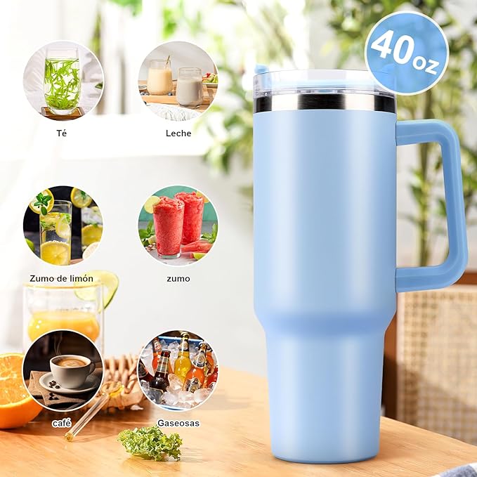 A 40OZ Vaso Térmico de Acero Inoxidable, Taza Aislada al Aspiradora con Tapa y Pajita, Termo de Viaje para Bebidas Frías y Calientes, Prueba de Sudor,Apto para Lavaplatos,sin BPA (Cielo Azul)