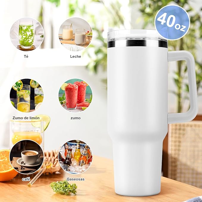 A 40OZ Vaso Térmico Termo de Acero Inoxidable, Taza Aislada al Aspiradora con Tapa y Pajita, Termo de Viaje para Bebidas Frías y Calientes, Prueba de Sudor,Apto para Lavaplatos,sin BPA (Blanco)