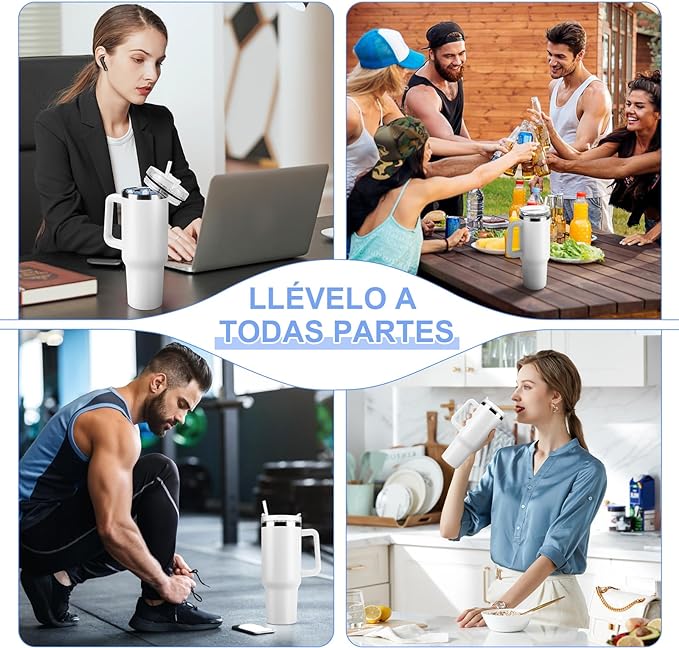 A 40OZ Vaso Térmico Termo de Acero Inoxidable, Taza Aislada al Aspiradora con Tapa y Pajita, Termo de Viaje para Bebidas Frías y Calientes, Prueba de Sudor,Apto para Lavaplatos,sin BPA (Blanco)