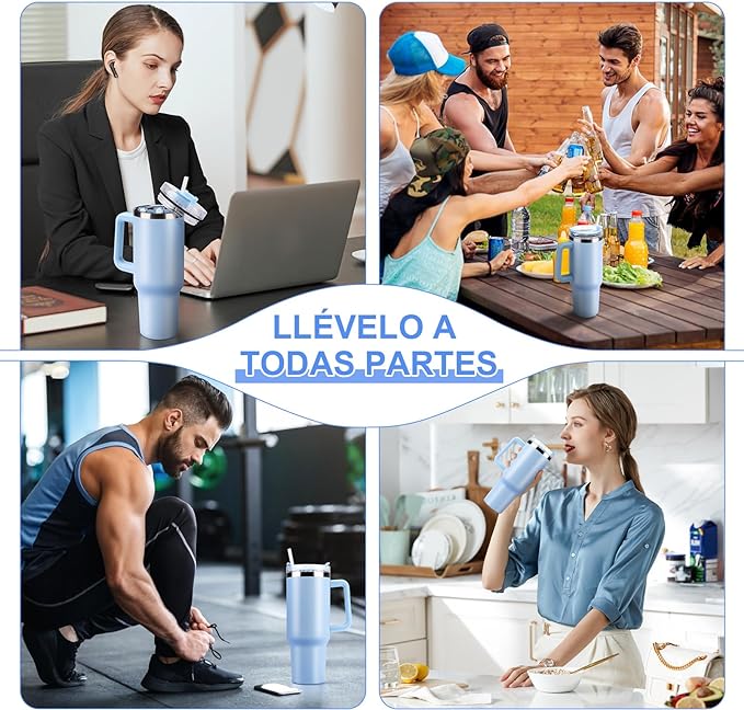 A 40OZ Vaso Térmico de Acero Inoxidable, Taza Aislada al Aspiradora con Tapa y Pajita, Termo de Viaje para Bebidas Frías y Calientes, Prueba de Sudor,Apto para Lavaplatos,sin BPA (Cielo Azul)