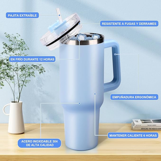 A 40OZ Vaso Térmico de Acero Inoxidable, Taza Aislada al Aspiradora con Tapa y Pajita, Termo de Viaje para Bebidas Frías y Calientes, Prueba de Sudor,Apto para Lavaplatos,sin BPA (Cielo Azul)