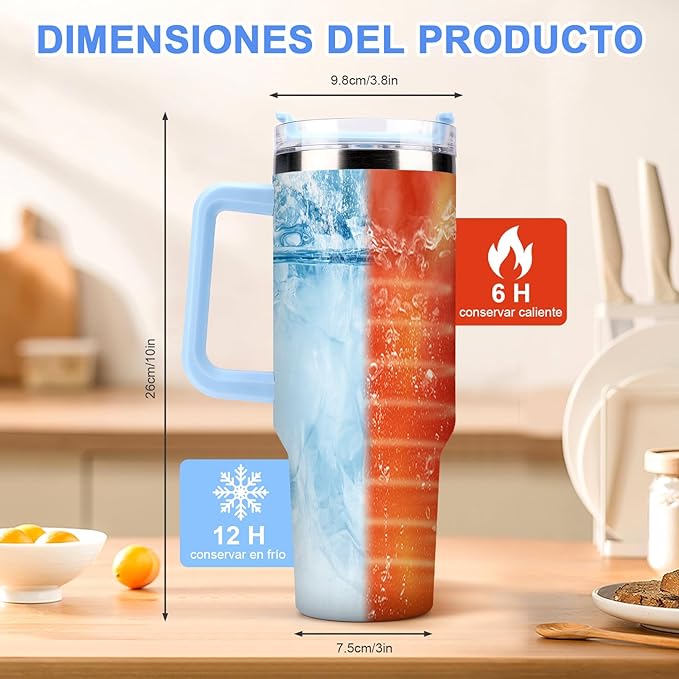 A 40OZ Vaso Térmico de Acero Inoxidable, Taza Aislada al Aspiradora con Tapa y Pajita, Termo de Viaje para Bebidas Frías y Calientes, Prueba de Sudor,Apto para Lavaplatos,sin BPA (Cielo Azul)