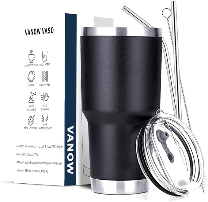 A Vaso Térmico de Acero Inoxidable, Easytao Taza Termica Frio y Caliente para Cafe con Tapa y Pajita, Cepillo de limpieza, Termo Infusor de Vacío Doble para Hombre, Mujer, Regalo, (30oz/850ml, Negro)
