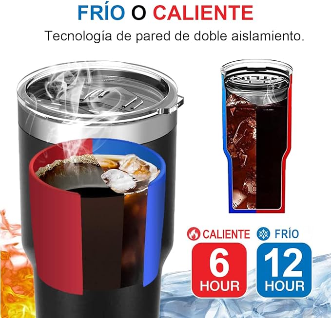 A Vaso Térmico de Acero Inoxidable, Easytao Taza Termica Frio y Caliente para Cafe con Tapa y Pajita, Cepillo de limpieza, Termo Infusor de Vacío Doble para Hombre, Mujer, Regalo, (30oz/850ml, Negro)