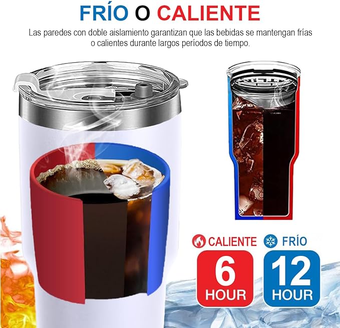 A Vaso Térmico de Acero Inoxidable, Easytao Taza Termica Frio y Caliente para Cafe con Tapa y Popote, Cepillo de limpieza, Termo Infusor de Vacío Doble para Hombre, Mujer, Regalo, (30oz/850ml,Blanco)