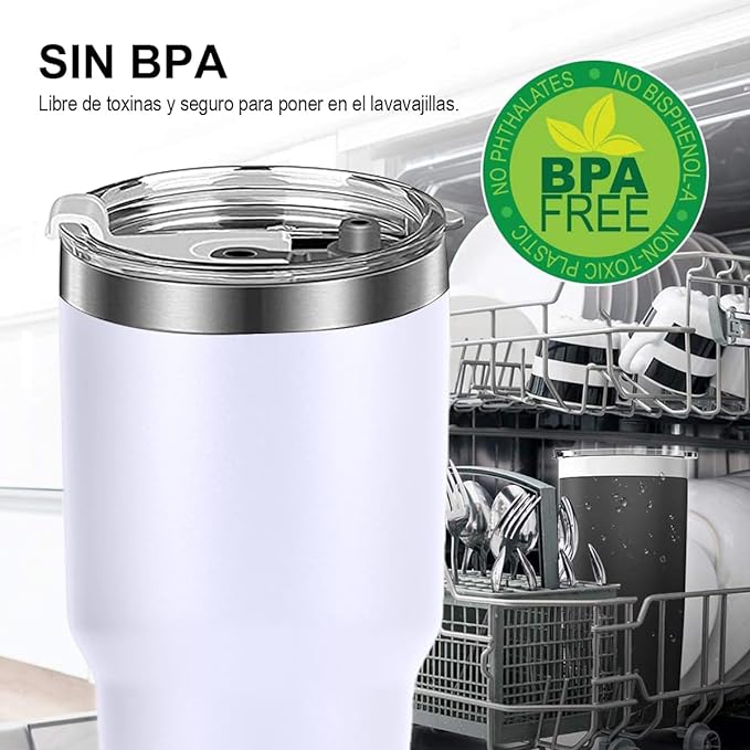 A Vaso Térmico de Acero Inoxidable, Easytao Taza Termica Frio y Caliente para Cafe con Tapa y Popote, Cepillo de limpieza, Termo Infusor de Vacío Doble para Hombre, Mujer, Regalo, (30oz/850ml,Blanco)