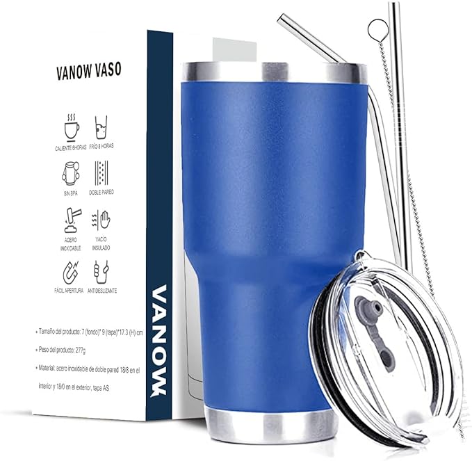 A Vaso Térmico de Acero Inoxidable, Easytao Taza Termica Frio y Caliente para Cafe con Tapa y Pajita, Cepillo de limpieza, Termo Infusor de Vacío Doble para Hombre, Mujer, Regalo, (30oz/850ml, Azul)