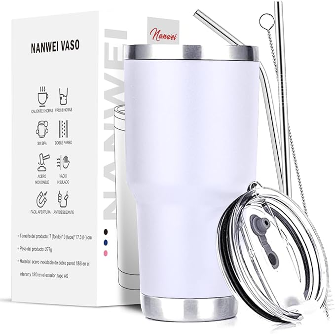 A Vaso Térmico de Acero Inoxidable, Easytao Taza Termica Frio y Caliente para Cafe con Tapa y Popote, Cepillo de limpieza, Termo Infusor de Vacío Doble para Hombre, Mujer, Regalo, (30oz/850ml,Blanco)
