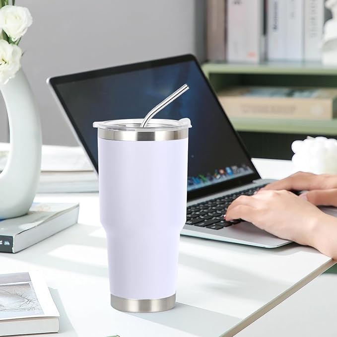 A Vaso Térmico de Acero Inoxidable, Easytao Taza Termica Frio y Caliente para Cafe con Tapa y Popote, Cepillo de limpieza, Termo Infusor de Vacío Doble para Hombre, Mujer, Regalo, (30oz/850ml,Blanco)