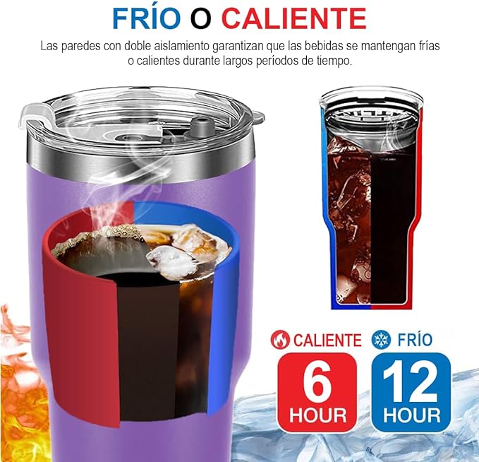A Vaso Térmico de Acero Inoxidable, Easytao Taza Termica Frio y Caliente para Cafe con Tapa y Popote, Cepillo de limpieza, Termo Infusor de Vacío Doble para Hombre, Mujer, Regalo, (30oz/850ml,Morado)