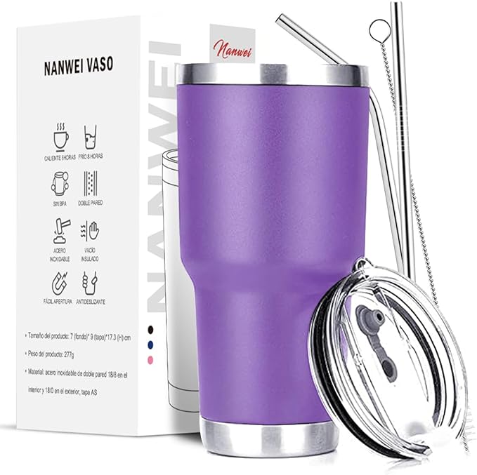 A Vaso Térmico de Acero Inoxidable, Easytao Taza Termica Frio y Caliente para Cafe con Tapa y Popote, Cepillo de limpieza, Termo Infusor de Vacío Doble para Hombre, Mujer, Regalo, (30oz/850ml,Morado)