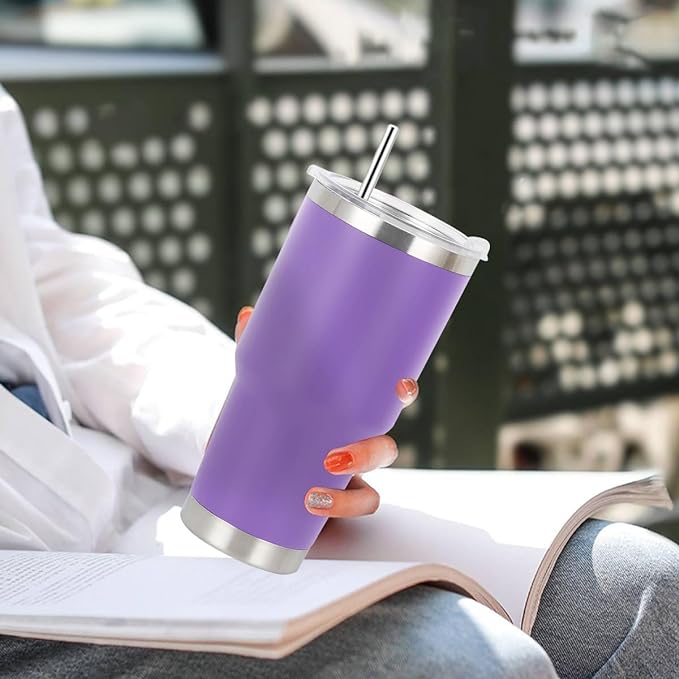A Vaso Térmico de Acero Inoxidable, Easytao Taza Termica Frio y Caliente para Cafe con Tapa y Popote, Cepillo de limpieza, Termo Infusor de Vacío Doble para Hombre, Mujer, Regalo, (30oz/850ml,Morado)