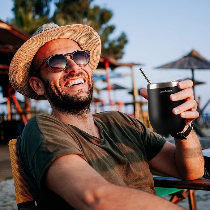 A Redlemon Vaso Térmico y Termos para Café (2 piezas), Copas de Vino y Cerveza de Acero Inoxidable con Tapa Hermética, Vaso con Popote y Taza para Bebidas Calientes 3 Horas y Frías 4 Horas (350 ml)