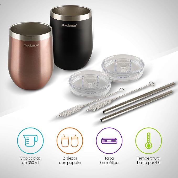 A Redlemon Vaso Térmico y Termos para Café (2 piezas), Copas de Vino y Cerveza de Acero Inoxidable con Tapa Hermética, Vaso con Popote y Taza para Bebidas Calientes 3 Horas y Frías 4 Horas (350 ml)