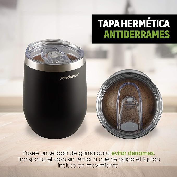 A Redlemon Vaso Térmico y Termos para Café (2 piezas), Copas de Vino y Cerveza de Acero Inoxidable con Tapa Hermética, Vaso con Popote y Taza para Bebidas Calientes 3 Horas y Frías 4 Horas (350 ml)