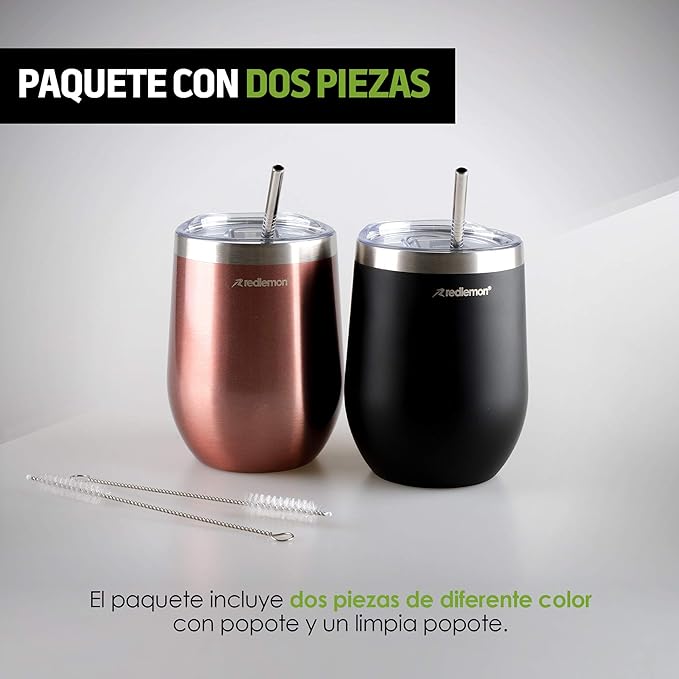 A Redlemon Vaso Térmico y Termos para Café (2 piezas), Copas de Vino y Cerveza de Acero Inoxidable con Tapa Hermética, Vaso con Popote y Taza para Bebidas Calientes 3 Horas y Frías 4 Horas (350 ml)