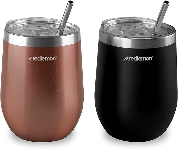 A Redlemon Vaso Térmico y Termos para Café (2 piezas), Copas de Vino y Cerveza de Acero Inoxidable con Tapa Hermética, Vaso con Popote y Taza para Bebidas Calientes 3 Horas y Frías 4 Horas (350 ml)