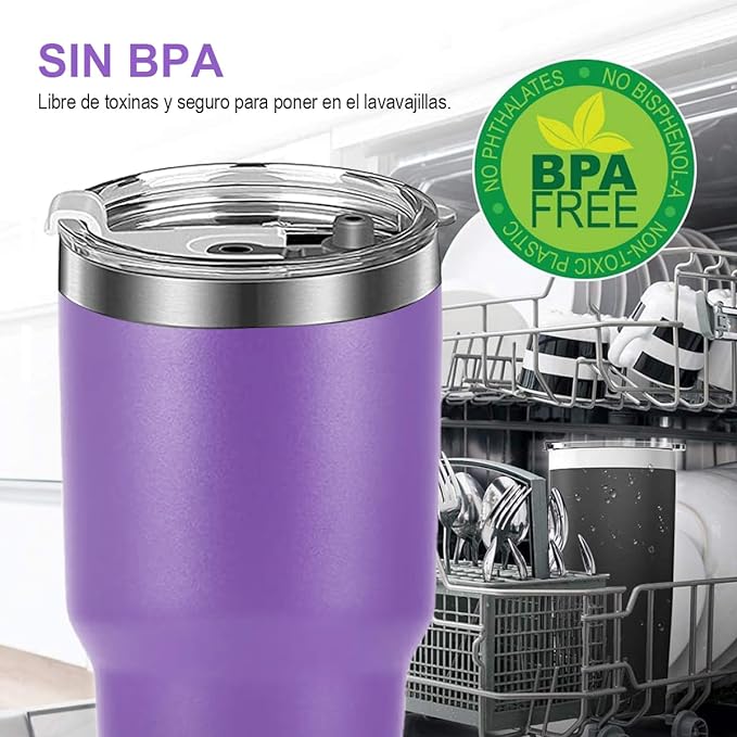 A Vaso Térmico de Acero Inoxidable, Easytao Taza Termica Frio y Caliente para Cafe con Tapa y Popote, Cepillo de limpieza, Termo Infusor de Vacío Doble para Hombre, Mujer, Regalo, (30oz/850ml,Morado)
