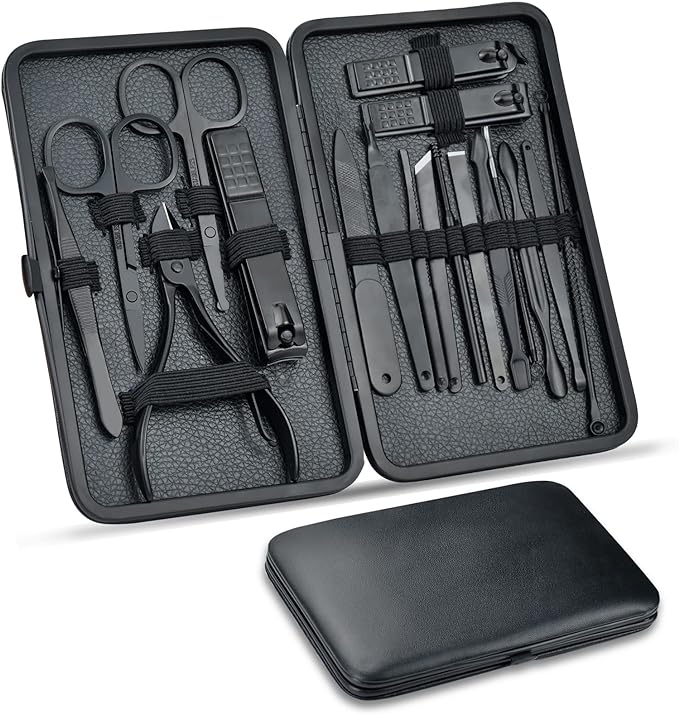A OranSee Manicura Set, MTQ 18 en 1 Manicura y Pedicura Profesional de Pedicura Profesional de Acero Inoxidable para Mujeres y Hombres Herramientas de Cortauñas Portátil con Cuero Negro Caso