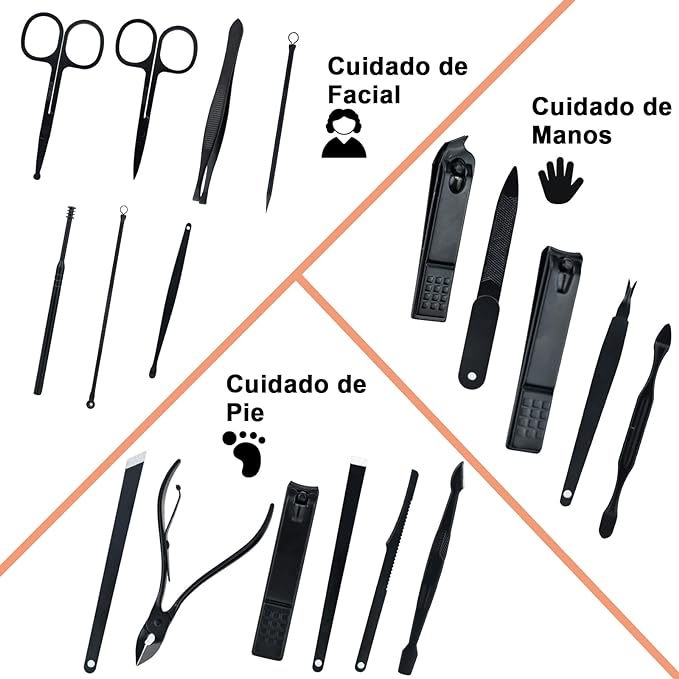 A OranSee Manicura Set, MTQ 18 en 1 Manicura y Pedicura Profesional de Pedicura Profesional de Acero Inoxidable para Mujeres y Hombres Herramientas de Cortauñas Portátil con Cuero Negro Caso