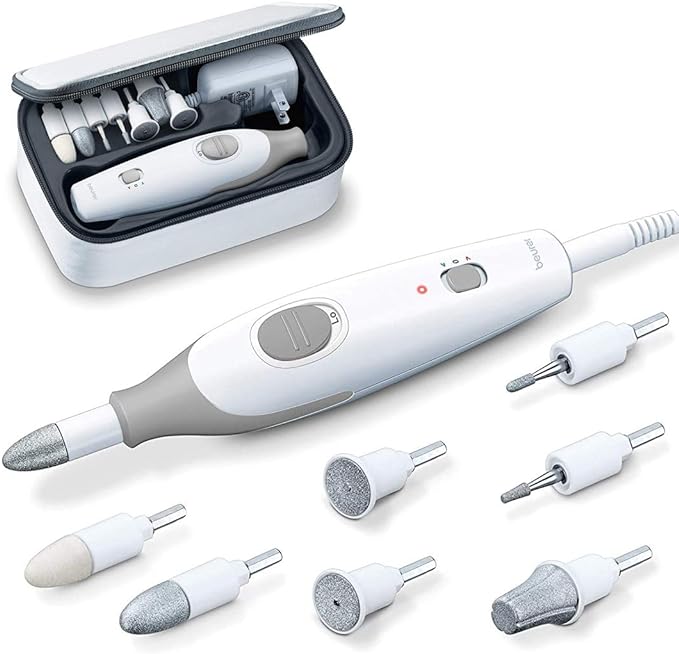 A Beurer - Set eléctrico de manicura y pedicura con potente lima de uñas con 7 accesorios y sistema de velocidad para cuidado de calidad de salón de manos y pies en casa