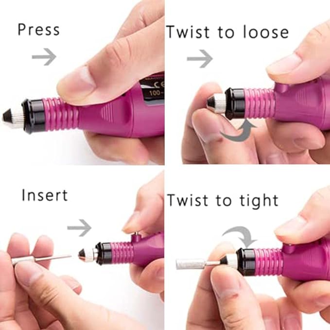 A Pulidor de Uñas, Lima de Uñas Eléctrica, Kit de Taladro para Uñas 6pcs Puntas y Lijas, Velocidad Ajustable Torno Portátil para Uñas, Manicura y Pedicura