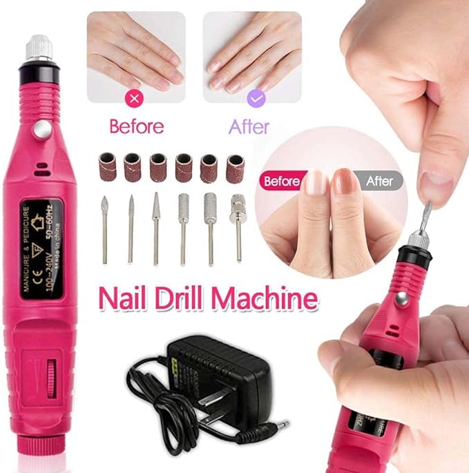 A Pulidor de Uñas, Lima de Uñas Eléctrica, Kit de Taladro para Uñas 6pcs Puntas y Lijas, Velocidad Ajustable Torno Portátil para Uñas, Manicura y Pedicura