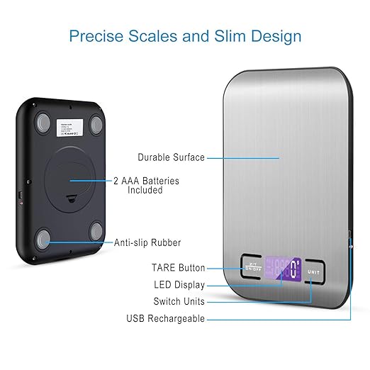 A TBONEEY Báscula Cocina Digital USB Recargable, Bascula Precision Cocina 10kg/1g Peso de Cocina Digital, Balanza de Alimentos Acero Inoxidable con Pantalla LCD, Función de Tara (Baterias Incluidas)