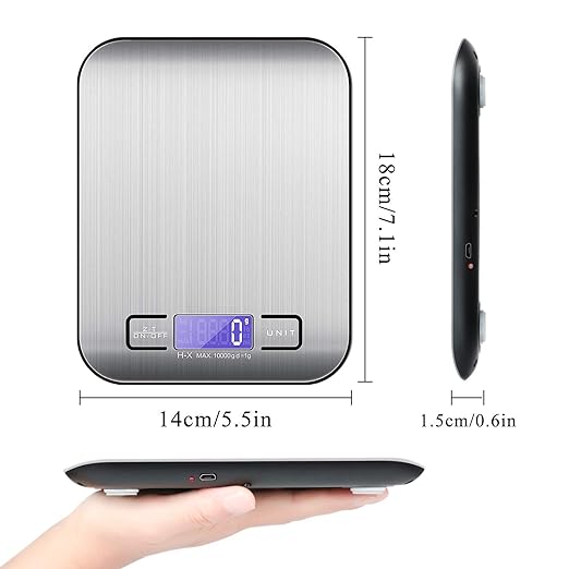 A TBONEEY Báscula Cocina Digital USB Recargable, Bascula Precision Cocina 10kg/1g Peso de Cocina Digital, Balanza de Alimentos Acero Inoxidable con Pantalla LCD, Función de Tara (Baterias Incluidas)