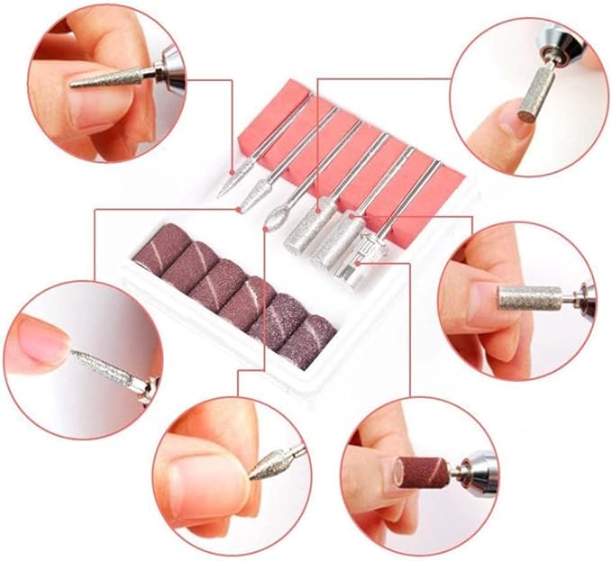A Pulidor de Uñas, Lima de Uñas Eléctrica, Kit de Taladro para Uñas 6pcs Puntas y Lijas, Velocidad Ajustable Torno Portátil para Uñas, Manicura y Pedicura