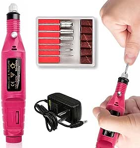 A Pulidor de Uñas, Lima de Uñas Eléctrica, Kit de Taladro para Uñas 6pcs Puntas y Lijas, Velocidad Ajustable Torno Portátil para Uñas, Manicura y Pedicura