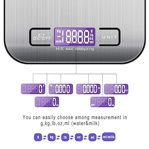 A TBONEEY Báscula Cocina Digital USB Recargable, Bascula Precision Cocina 10kg/1g Peso de Cocina Digital, Balanza de Alimentos Acero Inoxidable con Pantalla LCD, Función de Tara (Baterias Incluidas)
