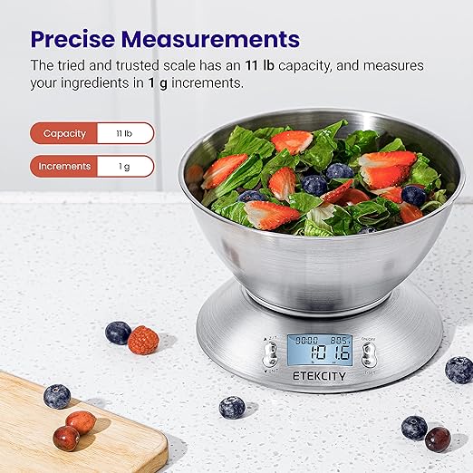 A Etekcity Báscula Digital para Cocina con Bol Removible, 5 kg / 11 lbs, Balanza de Cocina de Acero Inoxidable, Temporizador y Sensor de Temperatura, Pantalla LCD, EK4150