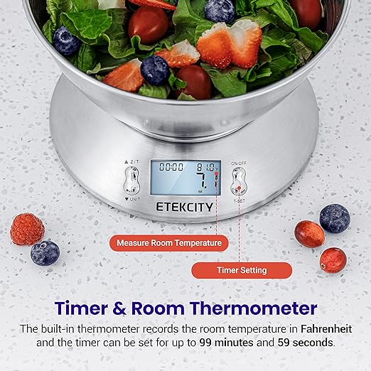 A Etekcity Báscula Digital para Cocina con Bol Removible, 5 kg / 11 lbs, Balanza de Cocina de Acero Inoxidable, Temporizador y Sensor de Temperatura, Pantalla LCD, EK4150