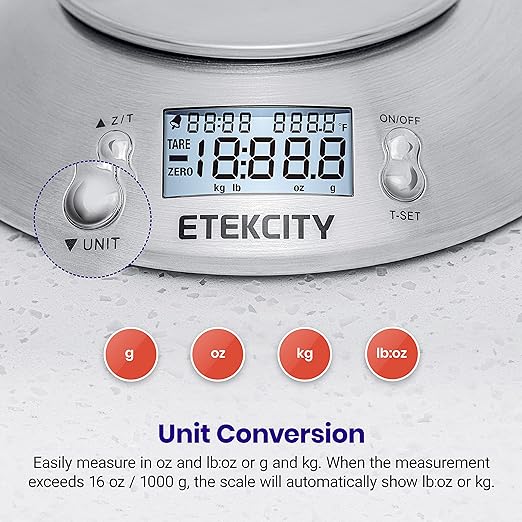 A Etekcity Báscula Digital para Cocina con Bol Removible, 5 kg / 11 lbs, Balanza de Cocina de Acero Inoxidable, Temporizador y Sensor de Temperatura, Pantalla LCD, EK4150