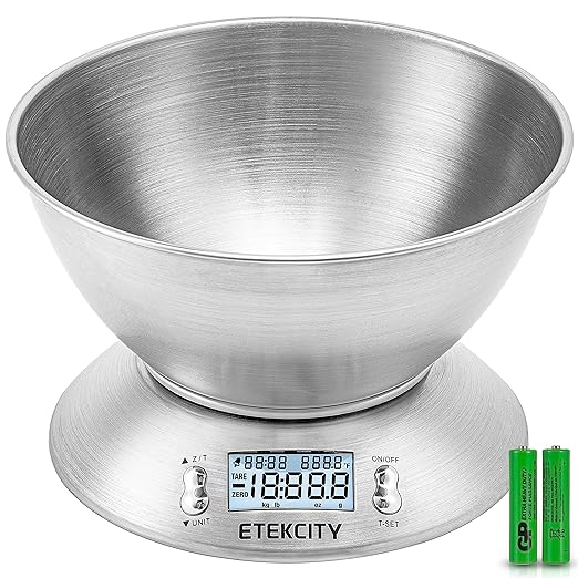 A Etekcity Báscula Digital para Cocina con Bol Removible, 5 kg / 11 lbs, Balanza de Cocina de Acero Inoxidable, Temporizador y Sensor de Temperatura, Pantalla LCD, EK4150
