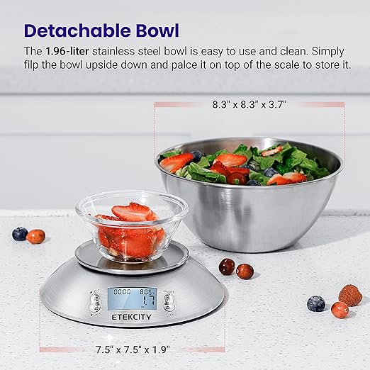 A Etekcity Báscula Digital para Cocina con Bol Removible, 5 kg / 11 lbs, Balanza de Cocina de Acero Inoxidable, Temporizador y Sensor de Temperatura, Pantalla LCD, EK4150