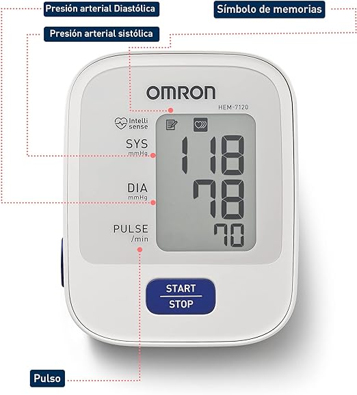 A OMRON Medidor de Presión Arterial de Brazo HEM-7120, Diferentes Funciones con Tecnología Avanzada, 1 Unidad, Color Blanco.