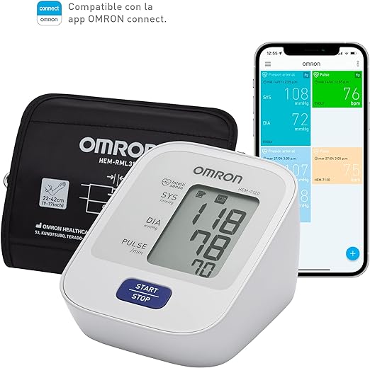 A OMRON Medidor de Presión Arterial de Brazo HEM-7120, Diferentes Funciones con Tecnología Avanzada, 1 Unidad, Color Blanco.