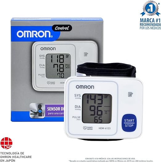 A Baumanómetro OMRON, Medidor de Presión Arterial de Muñeca HEM-6123, Tecnología única, Color Blanco, 1 unidad