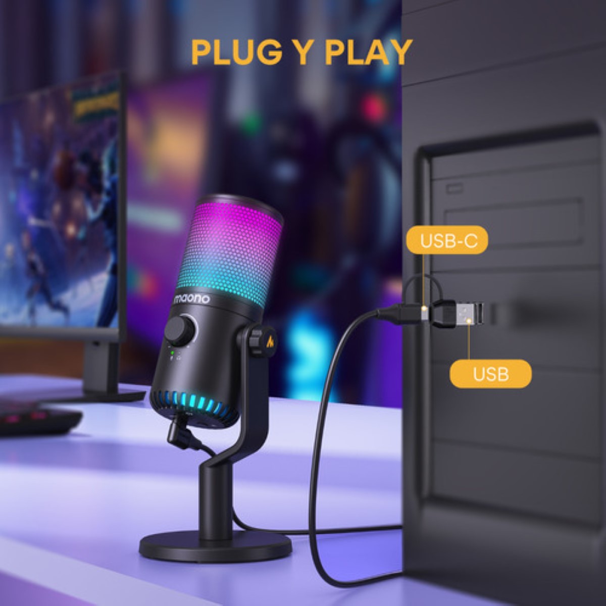 "Maono Micrófono Gamer Condensador Usb Podcast Pc Dm30 Rgb negro "