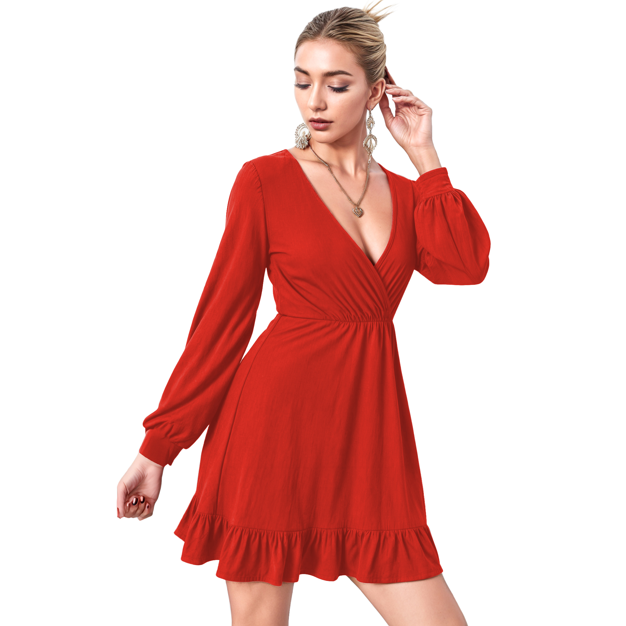 Vestido cruzado casual elegante noche corto, mujer dama xally 2314 manga larga amplia escote V olan.