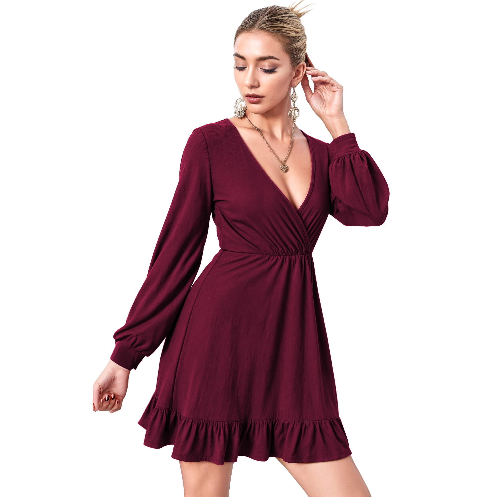 Vestido cruzado casual elegante noche corto, mujer dama xally 2314 manga larga amplia escote V olan.